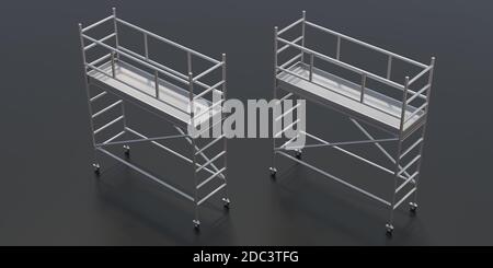 Tours d'échafaudage isolées sur fond noir. Échafaudage de structures mobiles, plate-forme métallique pour la construction, travaux de maintenance avec sécurité. illu 3d Banque D'Images