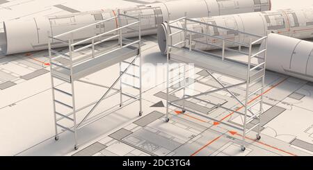 Tours d'échafaudage sur le plan de construction du projet arrière-plan. Échafaudage de structures mobiles, plate-forme métallique pour les travaux de construction en toute sécurité. 3d Banque D'Images