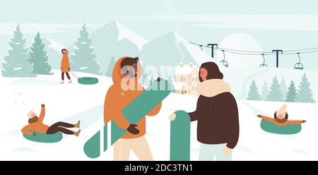 Illustration vectorielle de snowboardeur de sport d'hiver. Dessin animé homme sportif femme couple personnages tenant des planches à neige, debout dans la station de montagne neige nature paysage, l'hiver activité arrière-plan Illustration de Vecteur