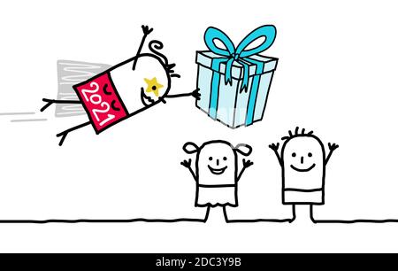 Dessin main dessin de dessin de dessin de dessin de 2021 Super Girl offrant un grand cadeau Aux enfants Illustration de Vecteur