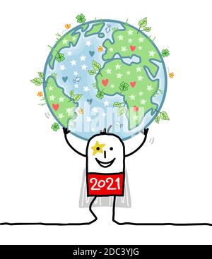 Dessin main Cartoon 2021 Super Hero porter la Terre, naturel et paisible Illustration de Vecteur