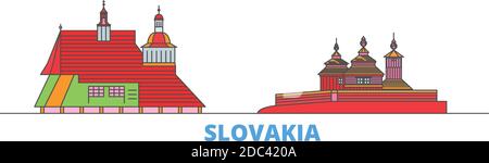 Slovaquie, Églises en bois dans la région des montagnes carpathes ligne paysage urbain, vecteur plat. Monument de la ville de voyage, illustration d'oultine, icônes du monde de ligne Illustration de Vecteur