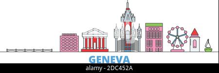 Suisse, Genève ligne paysage urbain, vecteur plat. Monument de la ville de voyage, illustration d'oultine, icônes du monde de ligne Illustration de Vecteur