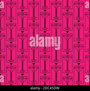 Motif en verre à cocktail sans coutures. Illustration géométrique boisson alcoolisée, Martini, coeur. Texture fine monochrome noire élégante. Couleur fuchsia Illustration de Vecteur