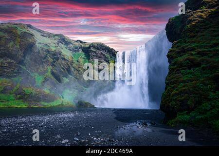 Célèbre cascade de Skogafoss sur la rivière Skoga au coucher du soleil. Islande, Europe. Grand ciel violet brillant sur fond. Photographie de paysage Banque D'Images