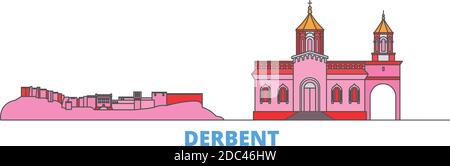 Russie, Derbent Line Cityscape, vecteur plat. Monument de la ville de voyage, illustration d'oultine, icônes du monde de ligne Illustration de Vecteur