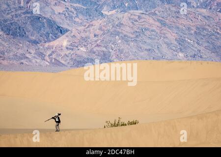 Les dunes de sable de Mesquite Flat sont une vaste zone de dunes de sable bordées de montagnes atteignant 100 pieds et un endroit de choix pour les randonneurs et les photographes. Banque D'Images