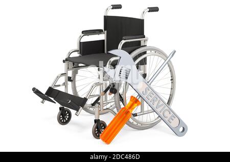 Entretien et réparation d'un fauteuil roulant manuel, rendu 3D isolé sur fond blanc Banque D'Images