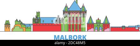 Pologne, Malbork line Cityscape, vecteur plat. Monument de la ville de voyage, illustration d'oultine, icônes du monde de ligne Illustration de Vecteur