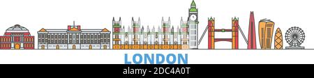 Royaume-Uni, London Line Cityscape, vecteur plat. Monument de la ville de voyage, illustration d'oultine, icônes du monde de ligne Illustration de Vecteur