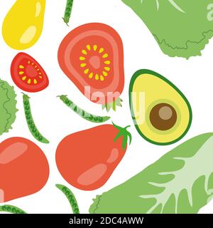 Légumes vectoriels motif sans couture de style plat avec motif de chou chinois, tomate et avocat Illustration de Vecteur