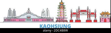 Taïwan, ligne Kaohsiung paysage urbain, vecteur plat. Monument de la ville de voyage, illustration d'oultine, icônes du monde de ligne Illustration de Vecteur