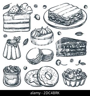 Collection de gâteaux en tranches isolée sur fond blanc. Illustration d'esquisse vectorielle dessinée à la main. Desserts icônes et éléments de design de café ensemble. Pâtisserie sucrée Illustration de Vecteur