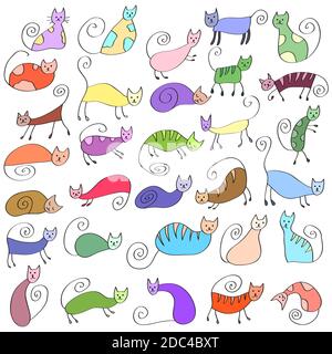 Ensemble de chats primitifs bizarres. Dessin à main levée, dessin au trait, icône de style doodle. Chats mignons exprimant des émotions différentes. Illustration de Vecteur