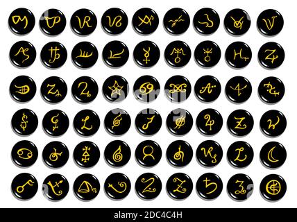 Un ensemble de symboles alchimiques dorés sculptés sur la pierre isolée sur le blanc. Éléments dessinés à la main pour la conception. Thème mystique, ésotérique, occulte. Illustration de Vecteur