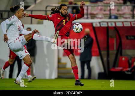 LOUVAIN, BELGIQUE - NOVEMBRE 18 : Yussuf Poulsen, du Danemark, Jason Denayer, de Belgique, lors du match de la Ligue des Nations de l'UEFA entre la Belgique et le Danemark au King Power Stadium, le 18 novembre 2020 à Louvain, Belgique (photo de Jeroen Meuwsen/Orange Pictures) Banque D'Images