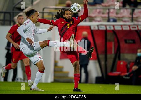 LOUVAIN, BELGIQUE - NOVEMBRE 18 : Yussuf Poulsen, du Danemark, Jason Denayer, de Belgique, lors du match de la Ligue des Nations de l'UEFA entre la Belgique et le Danemark au King Power Stadium, le 18 novembre 2020 à Louvain, Belgique (photo de Jeroen Meuwsen/Orange Pictures) Banque D'Images