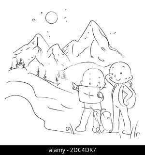 Touristes couple avec des sacs à dos vecteur silhouette illustration isolée sur fond blanc. Illustration de voyageurs dans les montagnes, dessiné à la main Illustration de Vecteur