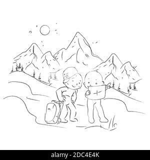 Croquis d'un homme avec des sacs à dos et une carte. Illustration de voyageurs dans les montagnes, illustration vectorielle dessinée à la main. Joli dessin animé pour garçons, noir Illustration de Vecteur