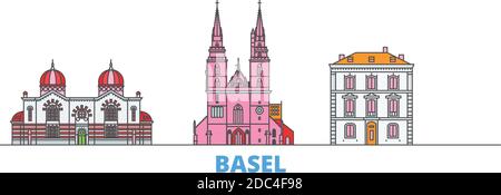 Suisse, Bâle ligne paysage urbain, vecteur plat. Monument de la ville de voyage, illustration d'oultine, icônes du monde de ligne Illustration de Vecteur