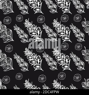 Motif zentrangle noir et blanc dessiné à la main avec éléments floraux abstraits. Décoration vintage pour cartes, invitation, fonds d'écran, motif de remplissage Illustration de Vecteur