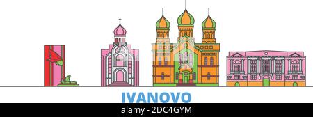 Russie, Ivanovo ligne paysage urbain, vecteur plat. Monument de la ville de voyage, illustration d'oultine, icônes du monde de ligne Illustration de Vecteur