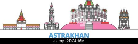 Russie, ligne d'Astrakhan paysage urbain, vecteur plat. Monument de la ville de voyage, illustration d'oultine, icônes du monde de ligne Illustration de Vecteur
