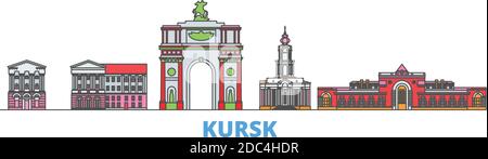 Russie, ligne Kursk paysage urbain, vecteur plat. Monument de la ville de voyage, illustration d'oultine, icônes du monde de ligne Illustration de Vecteur