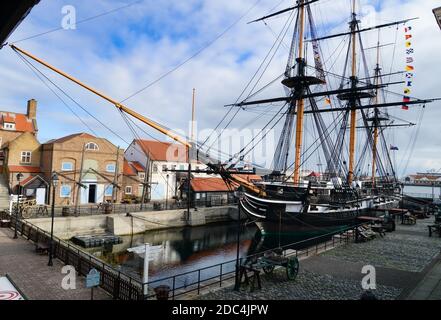 HMS Tricomalee une frégate de voile de classe Leda construite au début du XIXe siècle en Inde pour la Royal Navy, conservée à Hartlepool Historic Quay, Royaume-Uni Banque D'Images