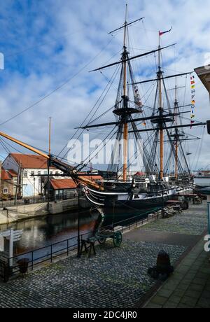 HMS Tricomalee une frégate de voile de classe Leda construite au début du XIXe siècle en Inde pour la Royal Navy, conservée à Hartlepool Historic Quay, Royaume-Uni Banque D'Images