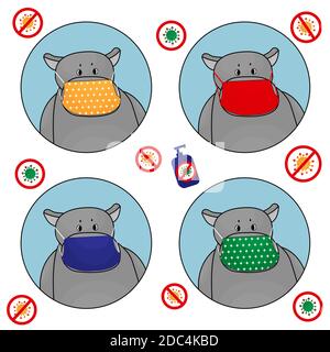 Ensemble de hippos dans les masques rouges, jaunes et verts, bleus avec assainisseur, et les virus Illustration de Vecteur