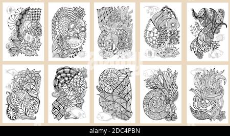 Ensemble de pages dessinées à la main en style zendoodle pour livre de coloriage pour adultes. Motifs marins et floraux abstraits avec poissons de corail, coquillages et algues. Eleme Illustration de Vecteur