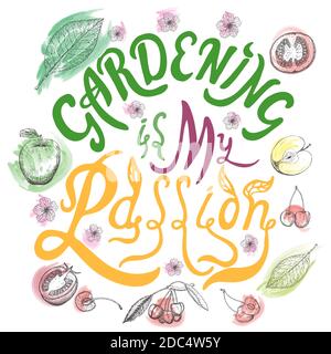 le jardinage est ma passion main dessinée couleur brosse lettering citation avec fruits esquisse isolée sur fond blanc. Style calligraphie écrit à la main. VEC Illustration de Vecteur