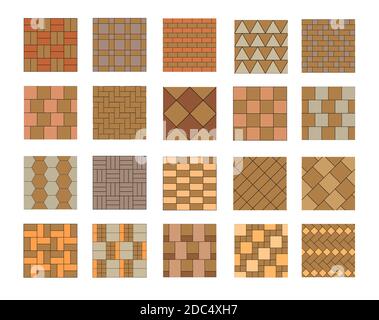 Jeu de carreaux de pavage vectoriels et de motifs de briques. Éléments pour plans de conception de paysage isolés sur blanc. Vue de dessus. Illustration de Vecteur