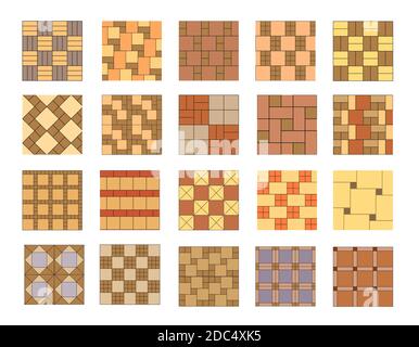 Jeu de carreaux de pavage vectoriels et de motifs de briques. Éléments pour plans de conception de paysage isolés sur blanc. Vue de dessus. Illustration de Vecteur