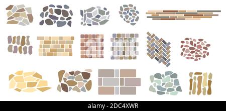 Jeu de carreaux de pavage vectoriels et de briques en pierre naturelle. Éléments pour plans de conception de paysage isolés sur blanc. Vue de dessus. Illustration de Vecteur