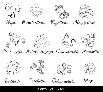 Grand ensemble de pâtes italiennes dessinées à la main avec des noms différents. Illustration linéaire vectorielle. Isolé sur blanc, monochrome. Illustration de Vecteur