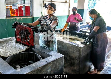 Une dame teinte un batik dans des cuves chimiques à l'usine Baba Batik près de Matale au Sri Lanka. Banque D'Images