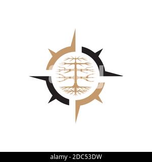 Modèle vectoriel de conception de compas avec logo arbre.symbole de destination créatif Illustration de Vecteur