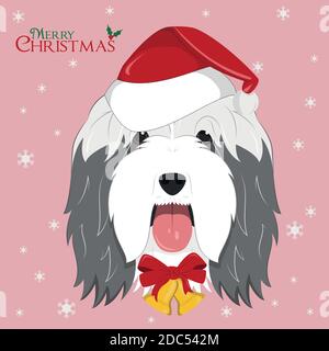 Carte de vœux de Noël. Chien de Collie à barbe avec chapeau de Père Noël rouge et cloches de Noël dorées Illustration de Vecteur