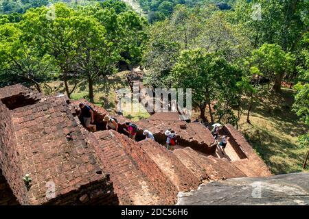 Les visiteurs de la forteresse de Sigiriya Rock au Sri Lanka grimpent l'escalier en briques des jardins royaux vers la grotte en plein air. Banque D'Images