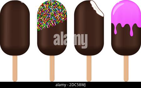 Ensemble vectoriel de poupsicle de chocolat sur bâton, entier, mordu avec garniture à la vanille, avec saupoudrer et fraisier sur fond blanc isolé Illustration de Vecteur