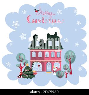 Carte de Noël avec maison urbaine rose Illustration de Vecteur