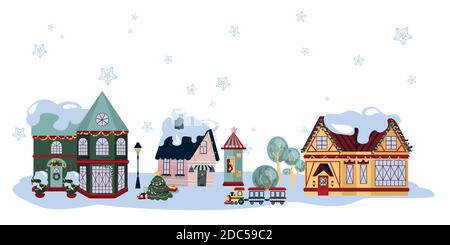 Collection de maisons suburbaines d'hiver décorées avant les vacances Illustration de Vecteur