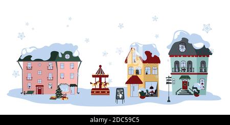 Collection de maisons urbaines d'hiver colorées sur fond blanc Illustration de Vecteur