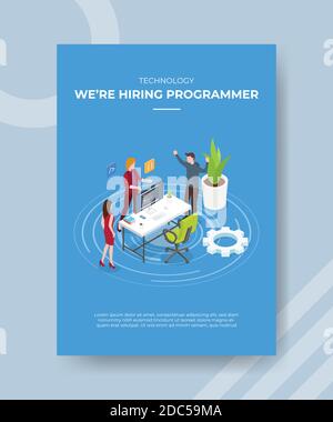 la technologie embauchant des programmeurs qui discutaient avec la réception pour le modèle de bannière et de prospectus pour l'impression de la couverture du magazine et affiche Illustration de Vecteur