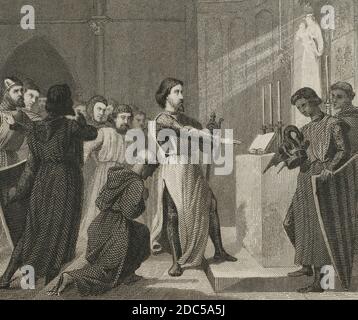 Juramento del rey Jaime I de Aragón ante la Virgen de El Puig de Santa María para conquistar el reino de Taifa de Valencia. Ilustración por Cava. Grabado por Roca. Historia de Cataluña y de la Corona de Aragón, por Victor Balaguer. Tomo II Barcelone,1861. Banque D'Images