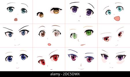 Ensemble d'expressions de style Anime de dessin vectoriel. Kawaii visages mignons. Différents yeux, bouche, sourcils. Joie. Colère. Calme. Anime fille en japonais. Anime Illustration de Vecteur