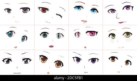 Ensemble d'expressions de style Anime de dessin vectoriel. Kawaii visages mignons. Différents yeux, bouche, sourcils. Joie. Colère. Calme. Anime fille en japonais. Anime Illustration de Vecteur