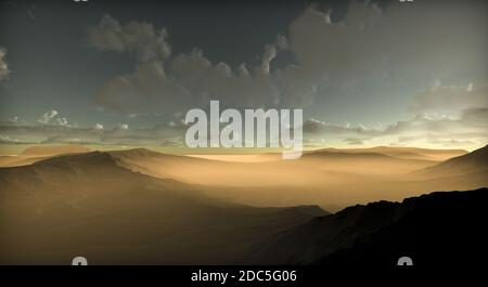 Lever de soleil sur les montagnes paysage ciel 3D Render. Dunes de sable avec des nuances et une texture intéressantes avant le paysage du désert pendant le soleil de midi Banque D'Images